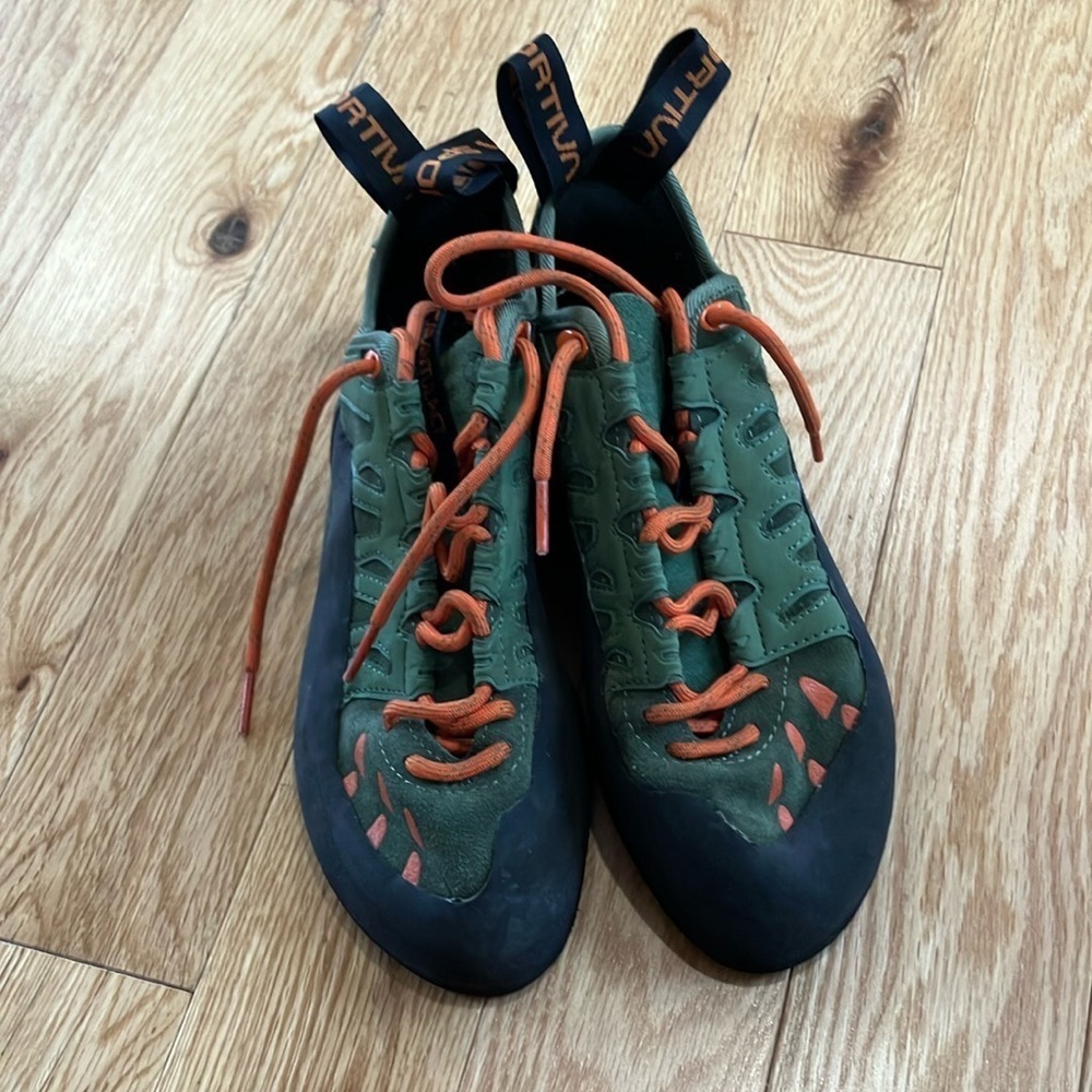 La Sportiva Green and Orange Climbing Shoes